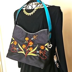 Brighton Black and Blue Shoulder Bag with Floral Embroidery